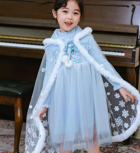 Girls' Winter Princess Dress Children's Mesh Dress Cloak Two-Piece sweater dress